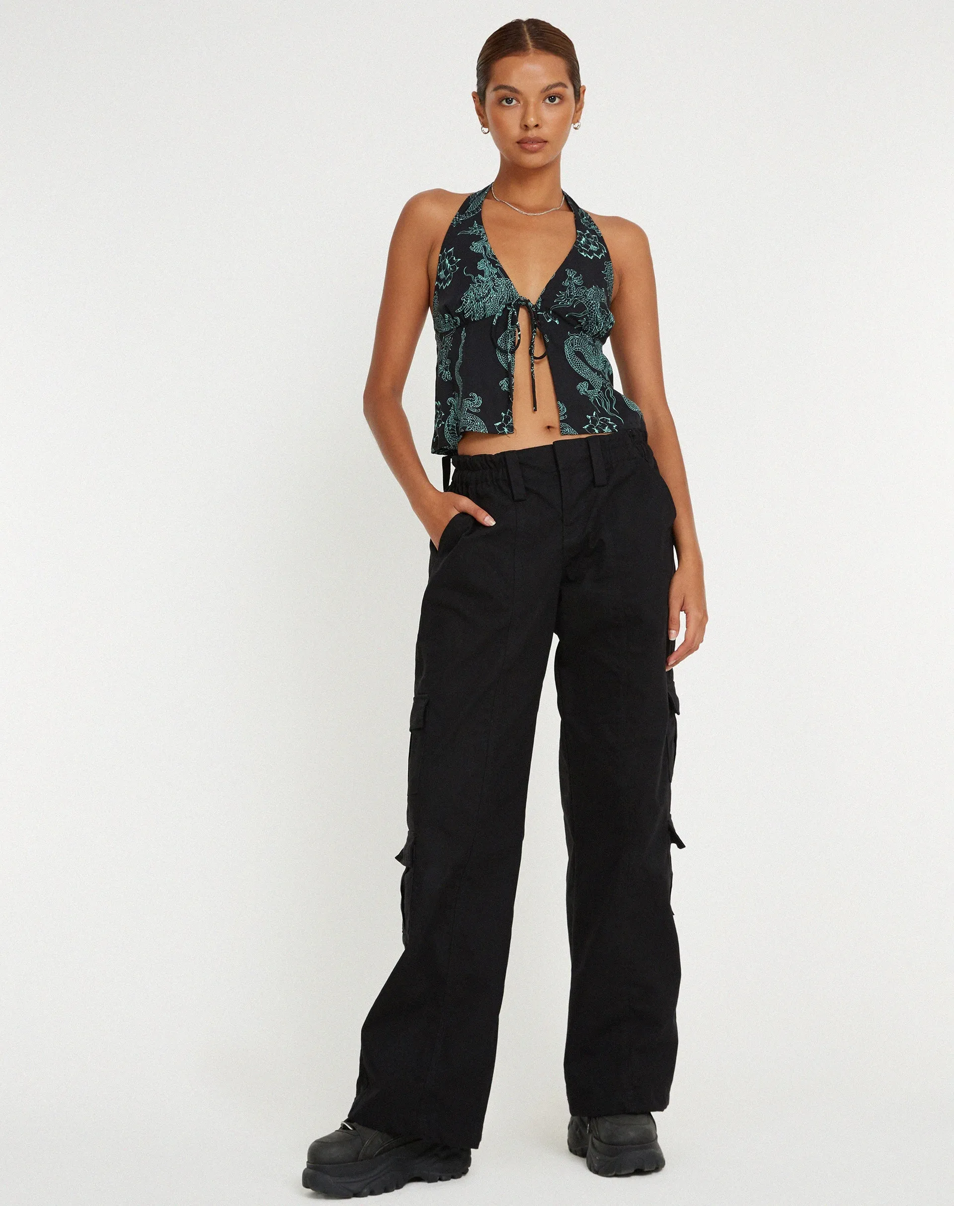 Roula Halter Top in Dragon Flower Black Mint sold by Motel Rocks product image thumbnail 3