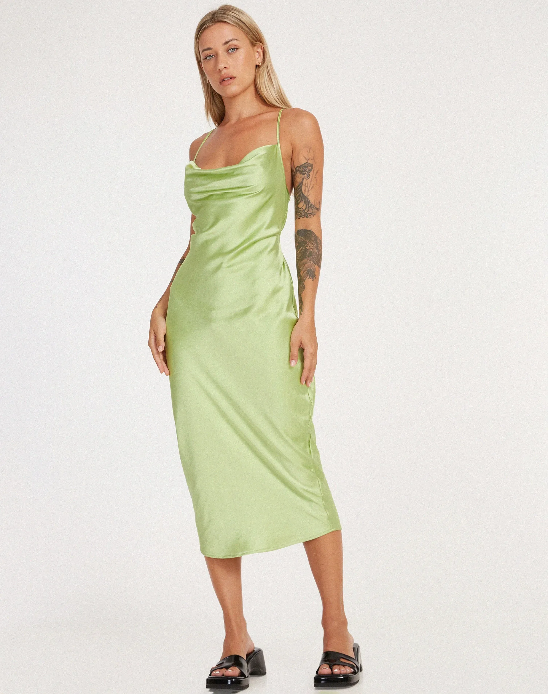 Palasha Midi Dress in Satin Lime Green sold by Motel Rocks product image thumbnail 3