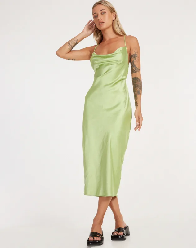 Palasha Midi Dress in Satin Lime Green sold by Motel Rocks
