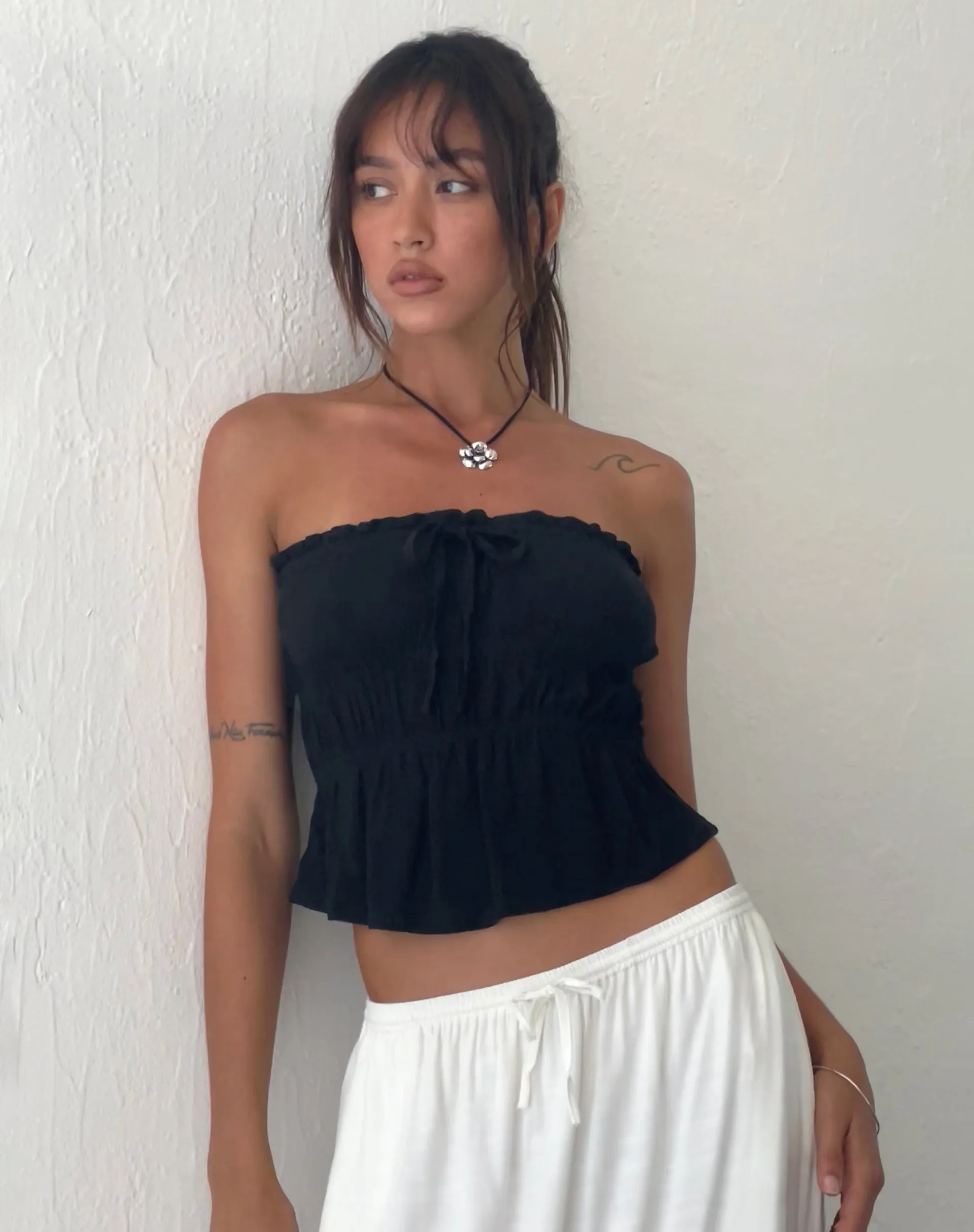 Cove Bandeau Top in Crinkle Black sold by Motel Rocks