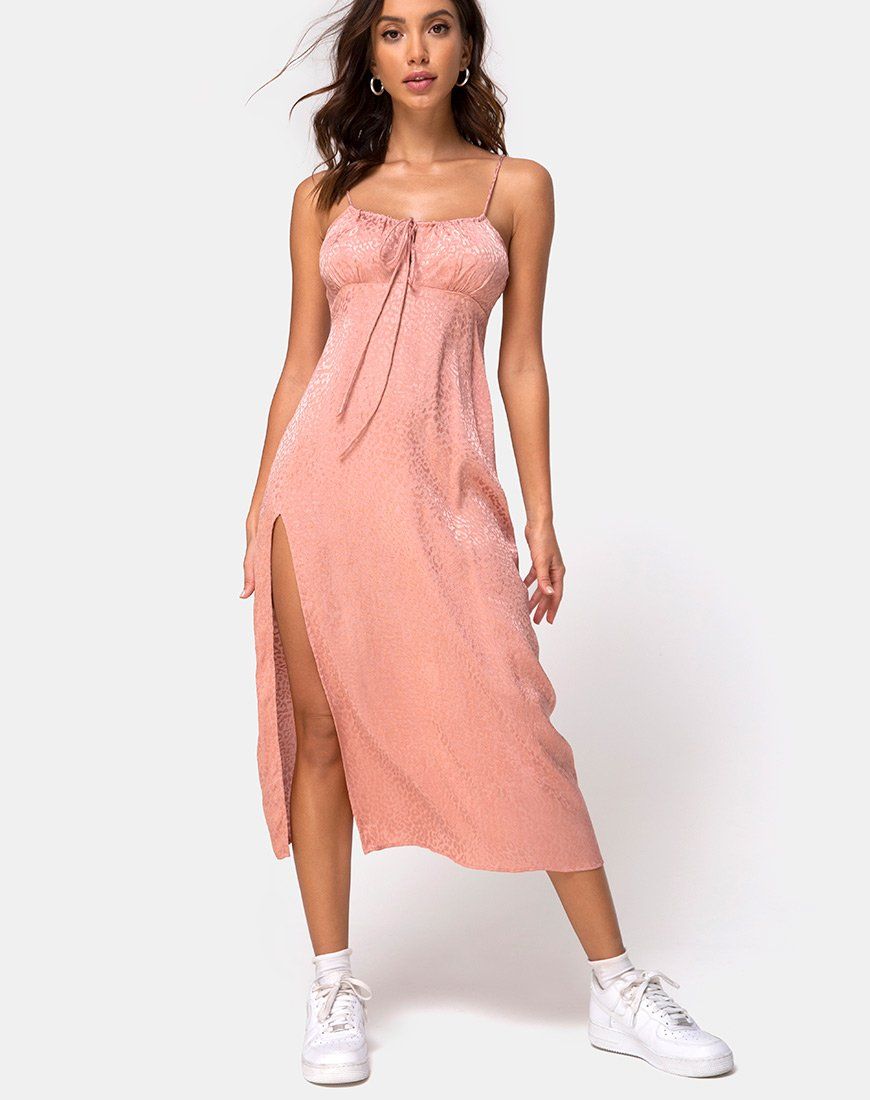 Cypress Midi Dress in Satin Cheetah Dusty Pink sold by Motel Rocks