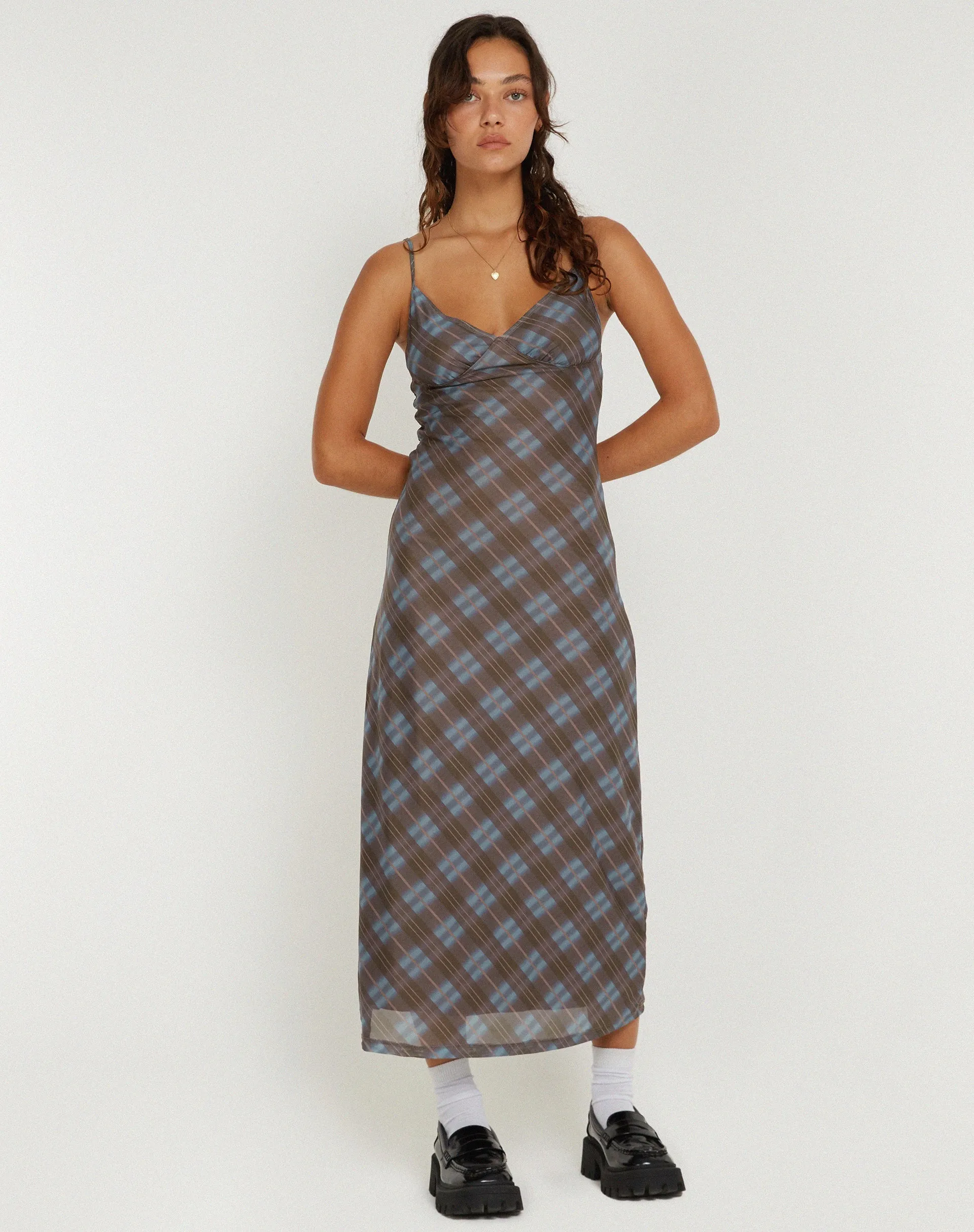 Kalana Midi Dress in Green Blurred Check Dark Olive sold by Motel Rocks product image thumbnail 3