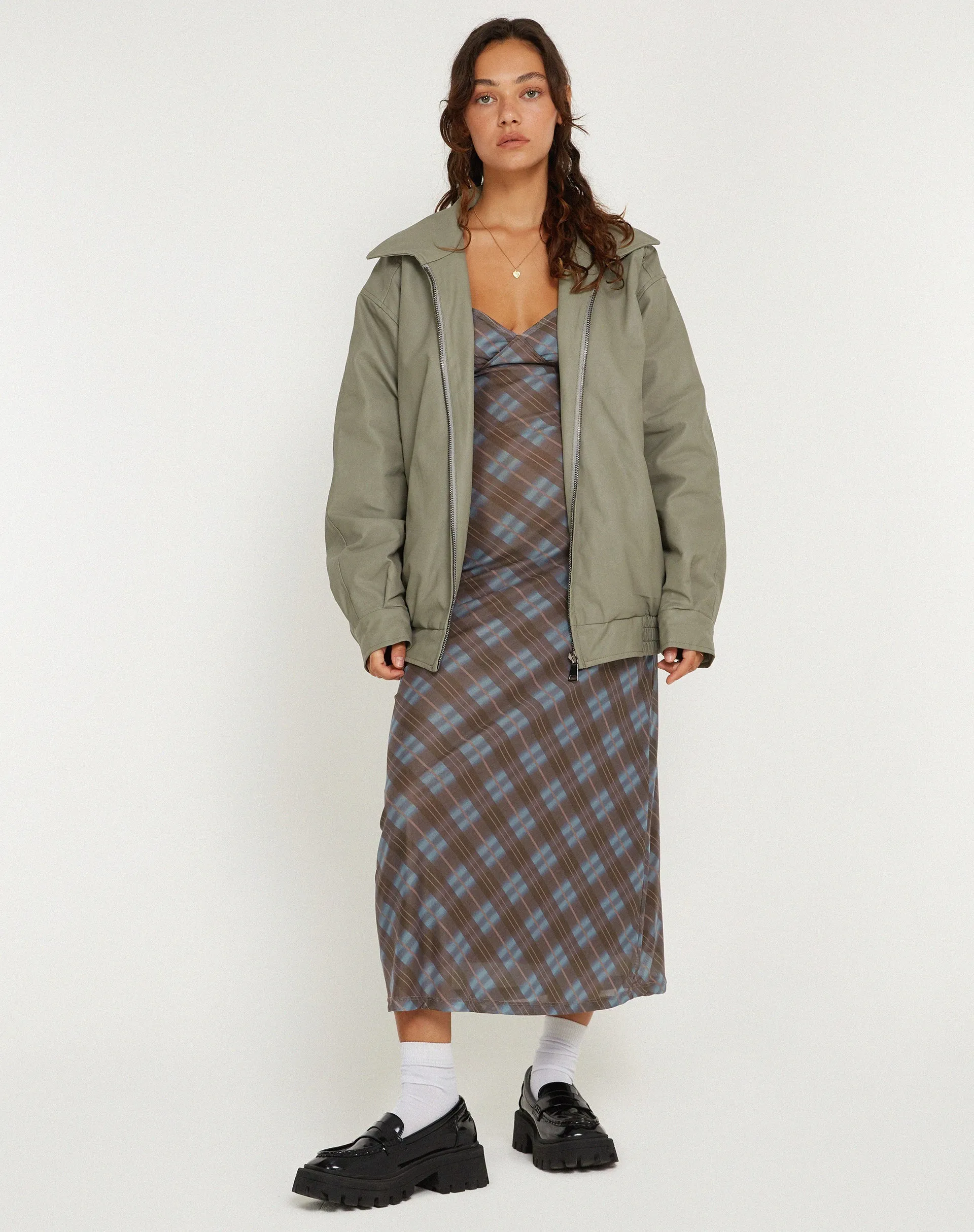 Kalana Midi Dress in Green Blurred Check Dark Olive sold by Motel Rocks product image thumbnail 5