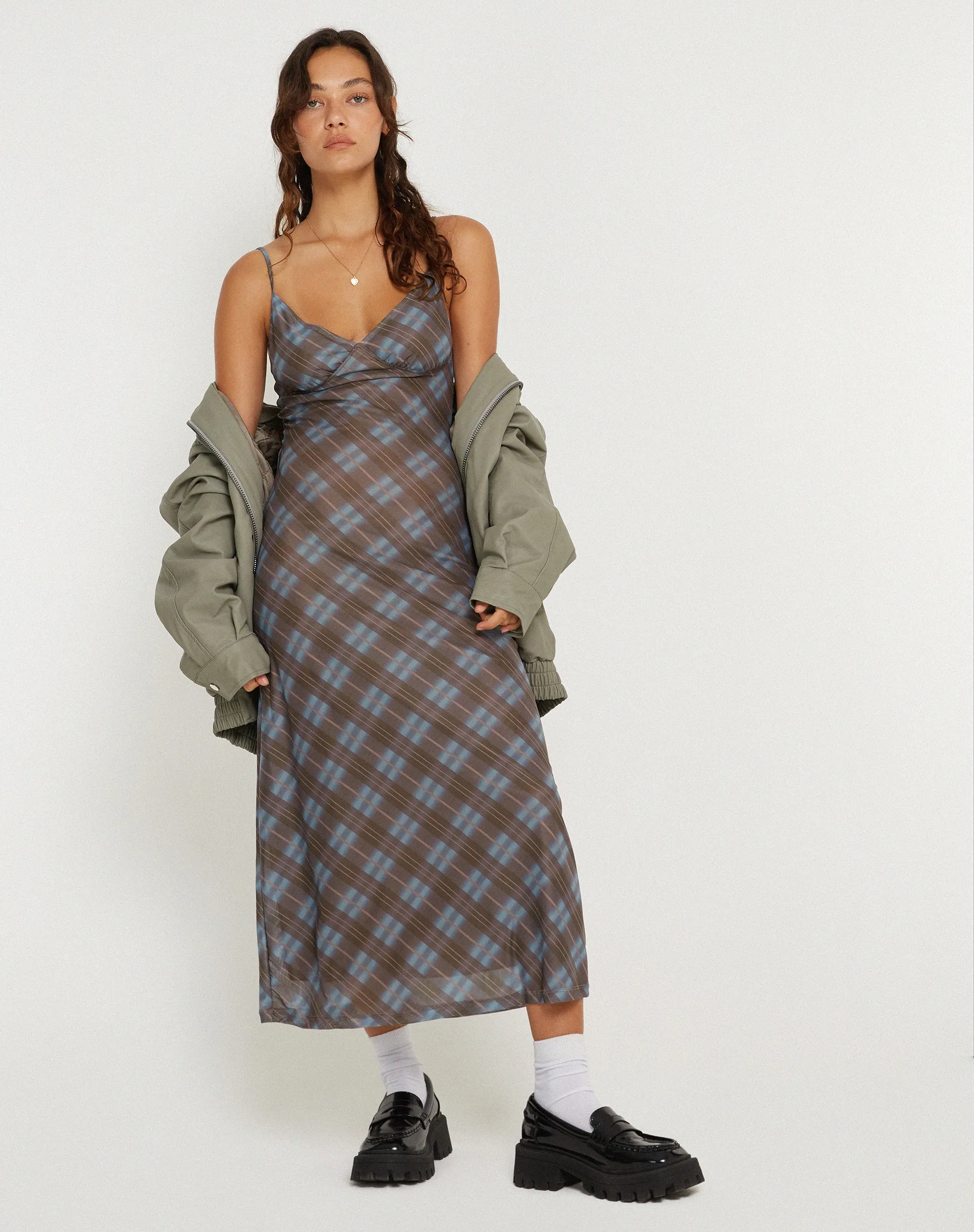Kalana Midi Dress in Green Blurred Check Dark Olive sold by Motel Rocks product image thumbnail 2