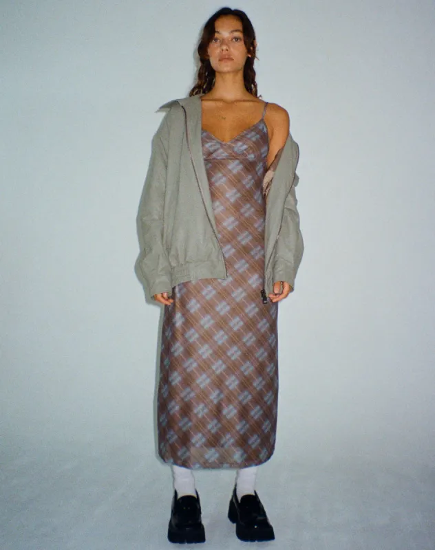 Kalana Midi Dress in Green Blurred Check Dark Olive sold by Motel Rocks
