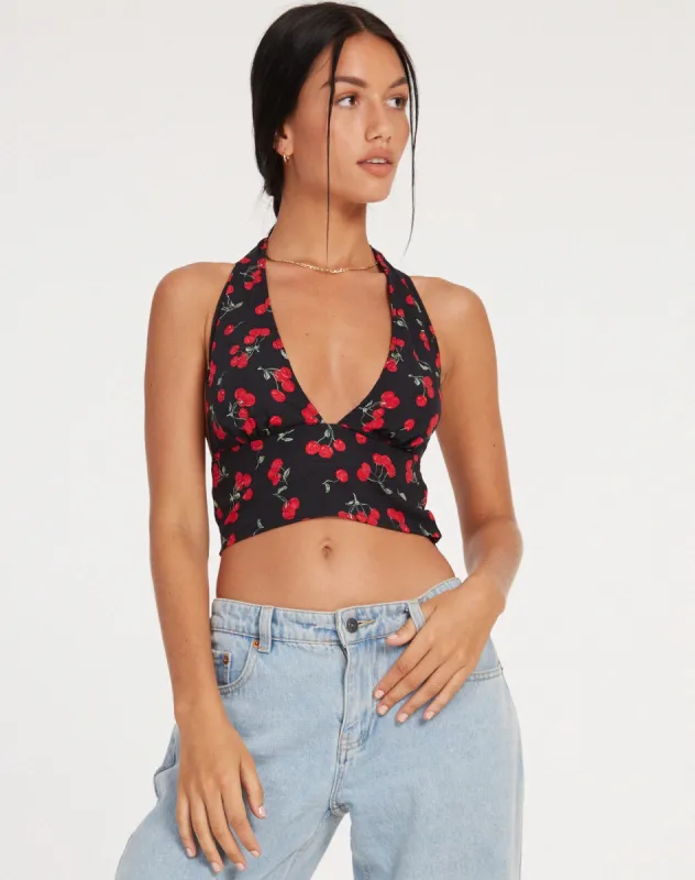 Nanda Crop Top in Cherries Black sold by Motel Rocks