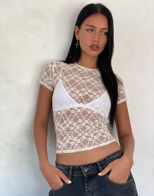Zorani Lace Baby Tee in Ivory sold by Motel Rocks