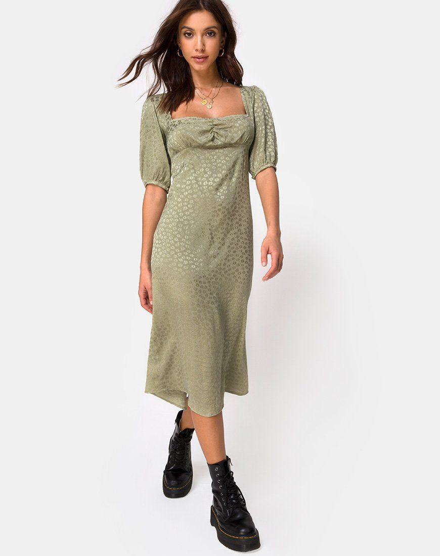 Millo Midi Dress in Satin Ditsy Rose Sage sold by Motel Rocks