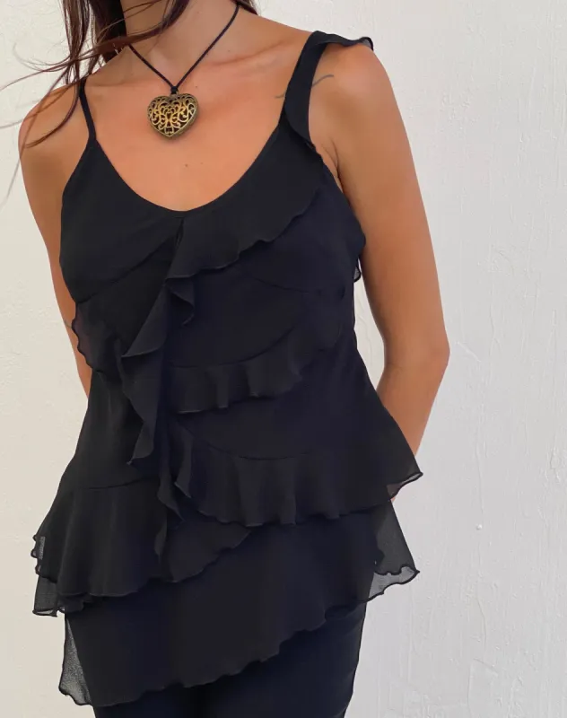 Irama Asymmetric Ruffle Top in Black sold by Motel Rocks