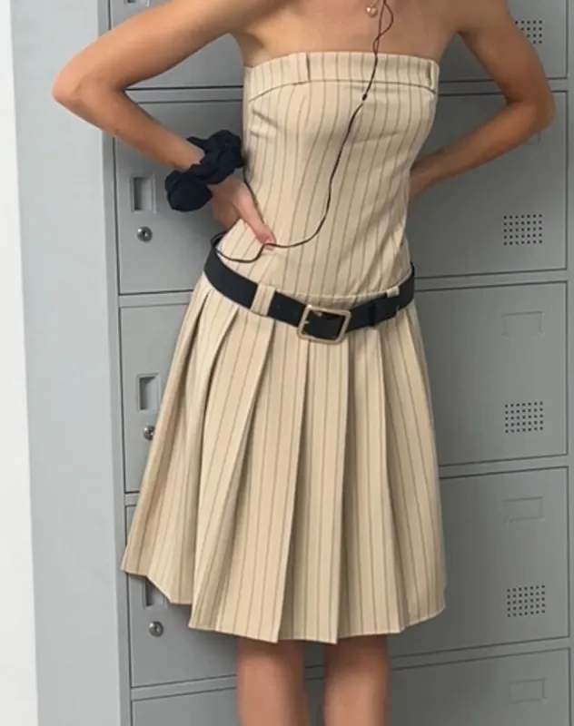 Aldari Bandeau Midi Dress in Tailoring Tan Pinstripe sold by Motel Rocks