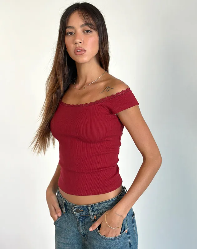 Chacha Ribbed Top in Adrenaline Red with Lace Trim sold by Motel Rocks