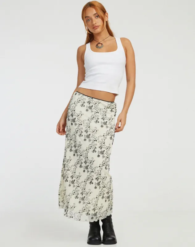 Lassie Maxi Skirt in Butterfly Vine Flock White sold by Motel Rocks