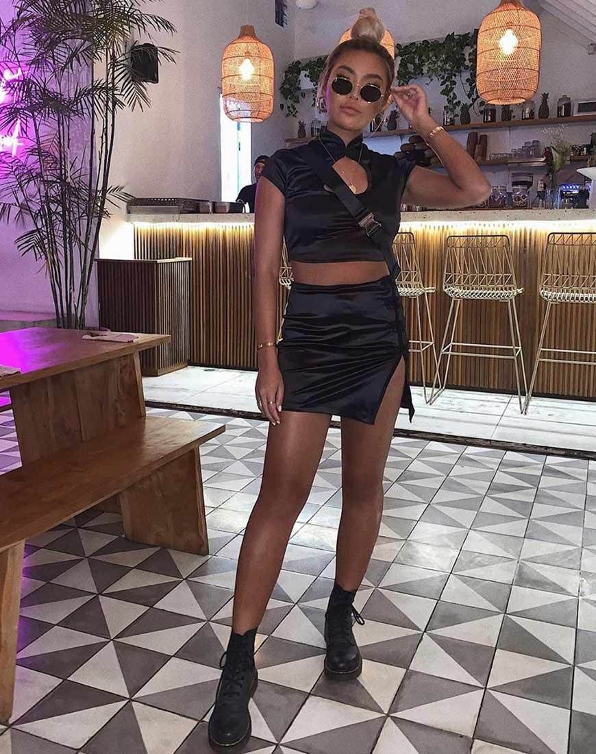 Lina Crop Top in Satin Black sold by Motel Rocks