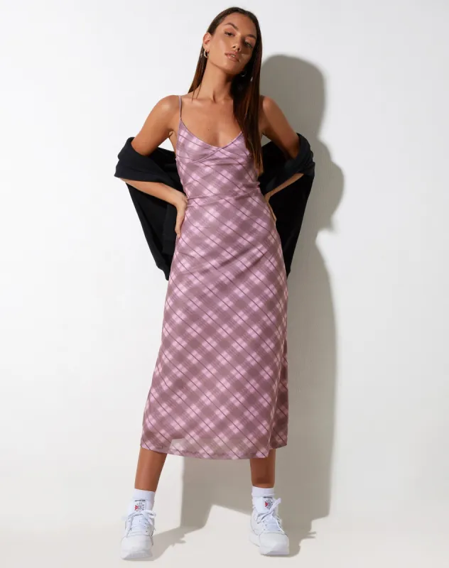 Kalana Midi Dress in Pink Blurred Check sold by Motel Rocks