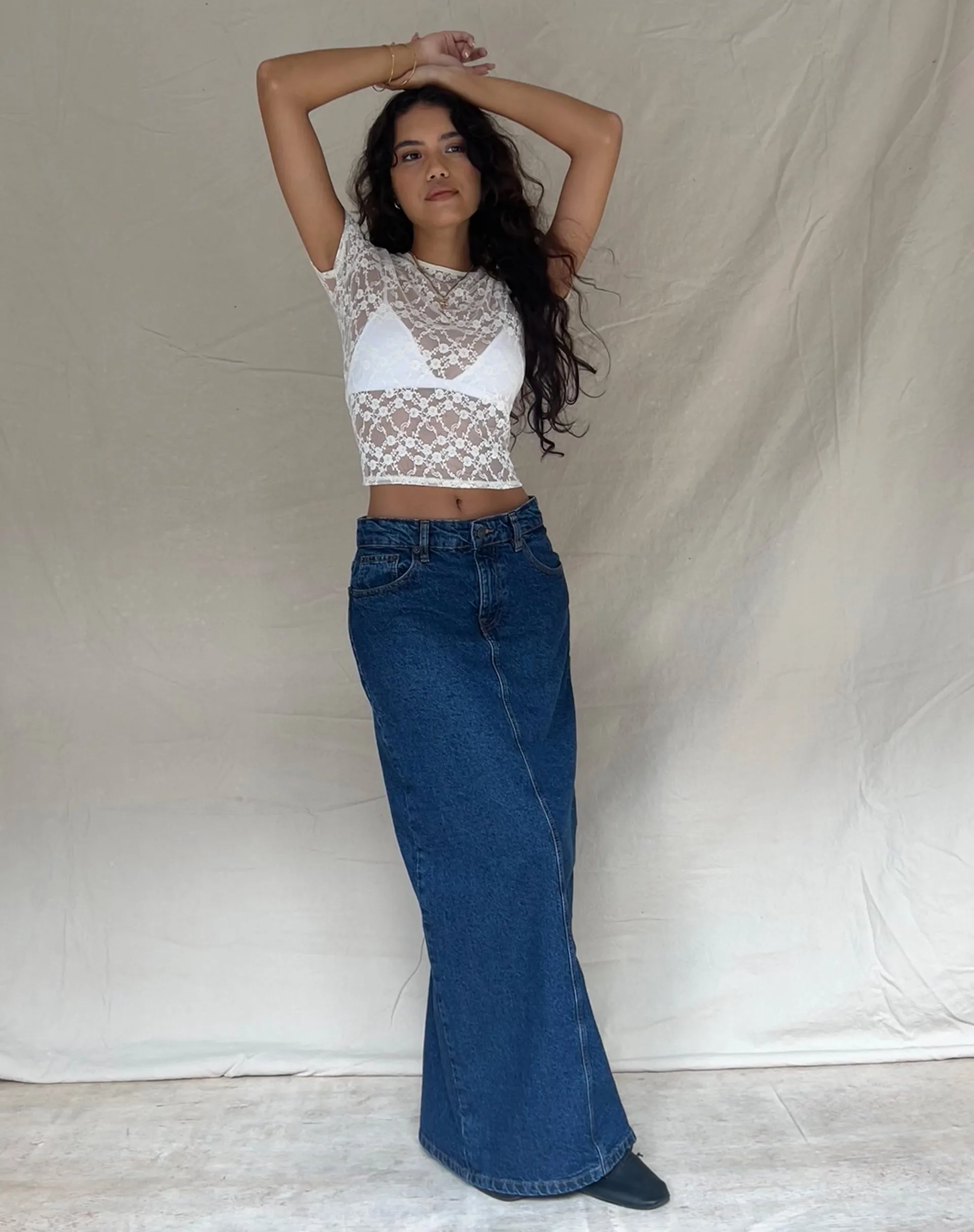 Low Rise Denim Maxi Skirt in Mid Blue Used sold by Motel Rocks