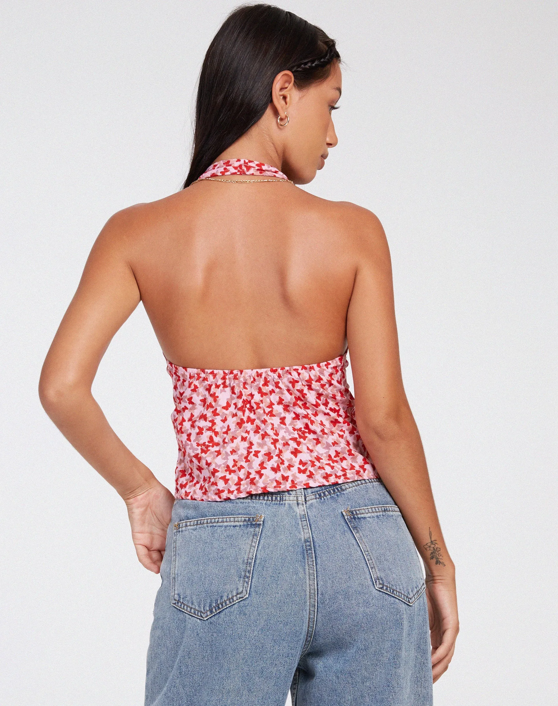 Roula Halter Top in Ditsy Butterfly Peach Red sold by Motel Rocks product image thumbnail 3