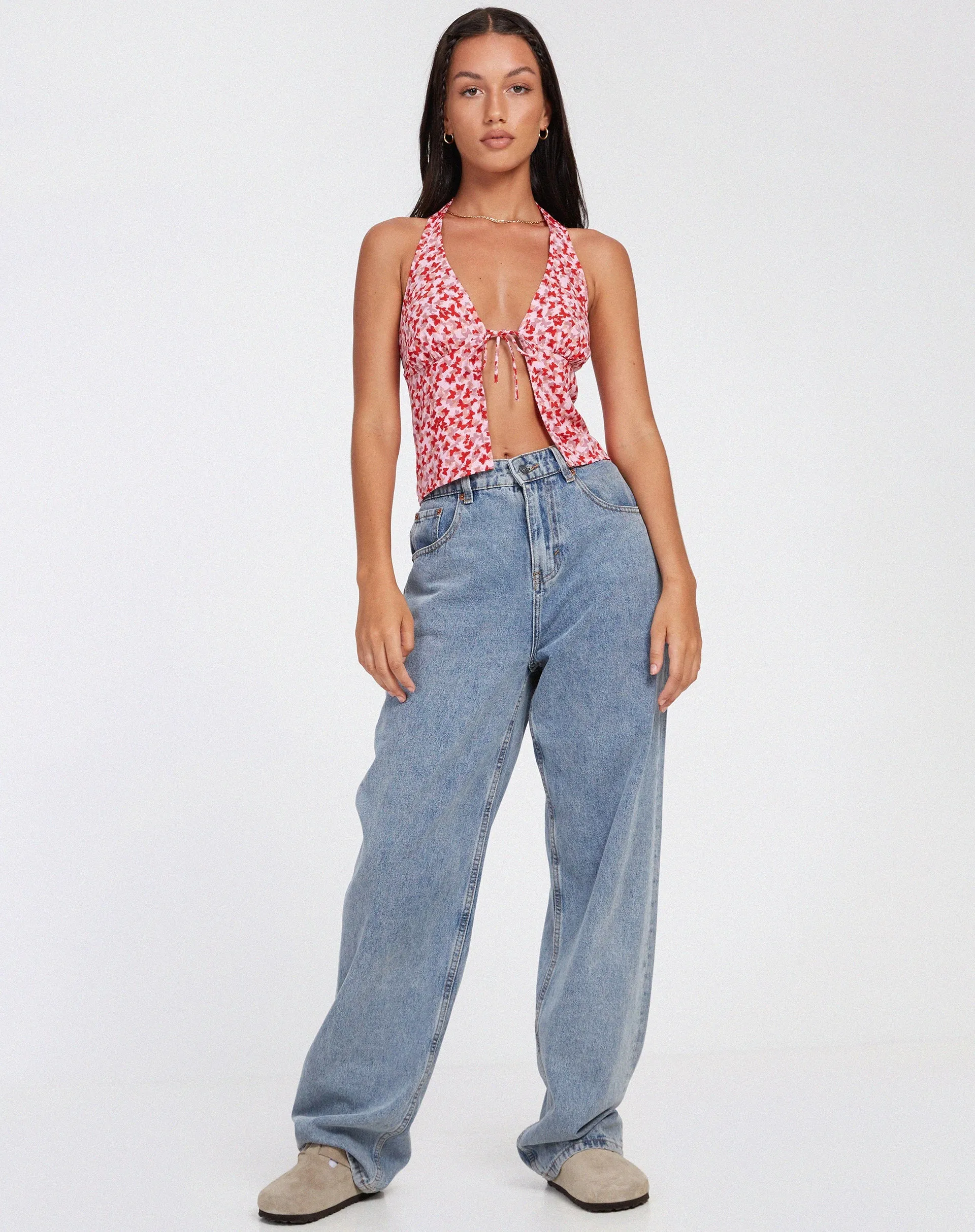 Roula Halter Top in Ditsy Butterfly Peach Red sold by Motel Rocks product image thumbnail 4