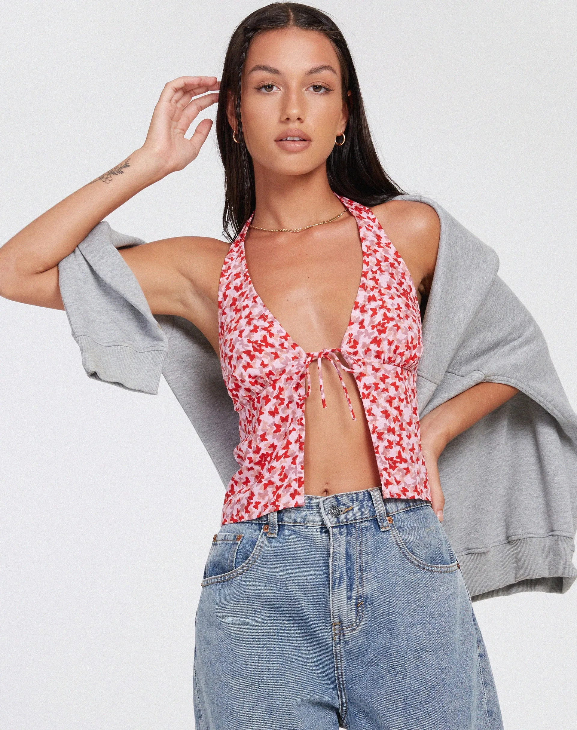 Roula Halter Top in Ditsy Butterfly Peach Red sold by Motel Rocks product image thumbnail 2