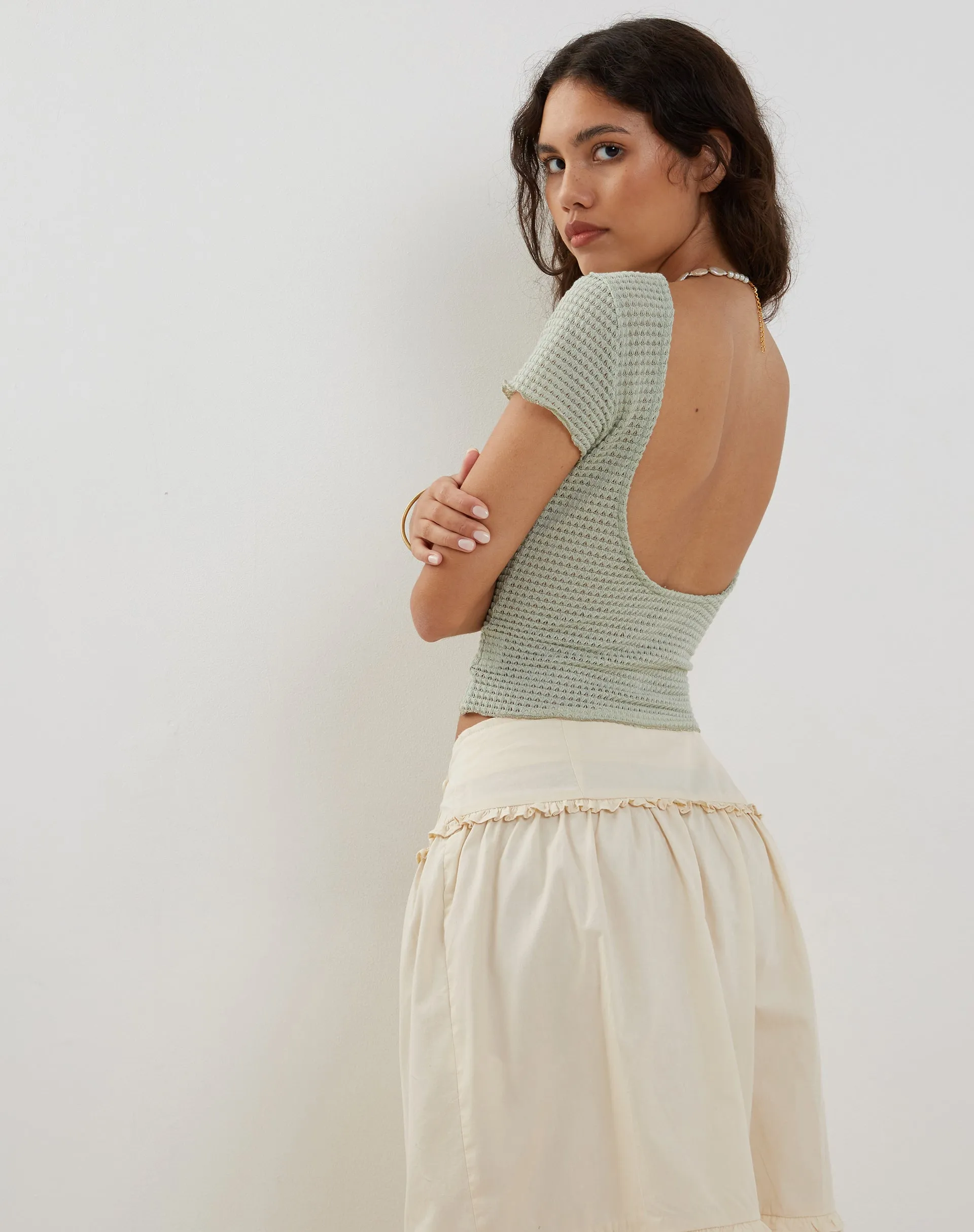 Xiwang Crop Top in Sage Textured Crochet sold by Motel Rocks product image thumbnail 2