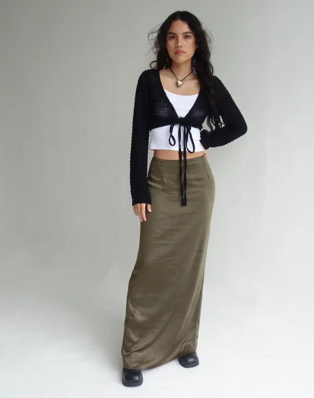 Layla Maxi Skirt in Satin Dark Olive sold by Motel Rocks