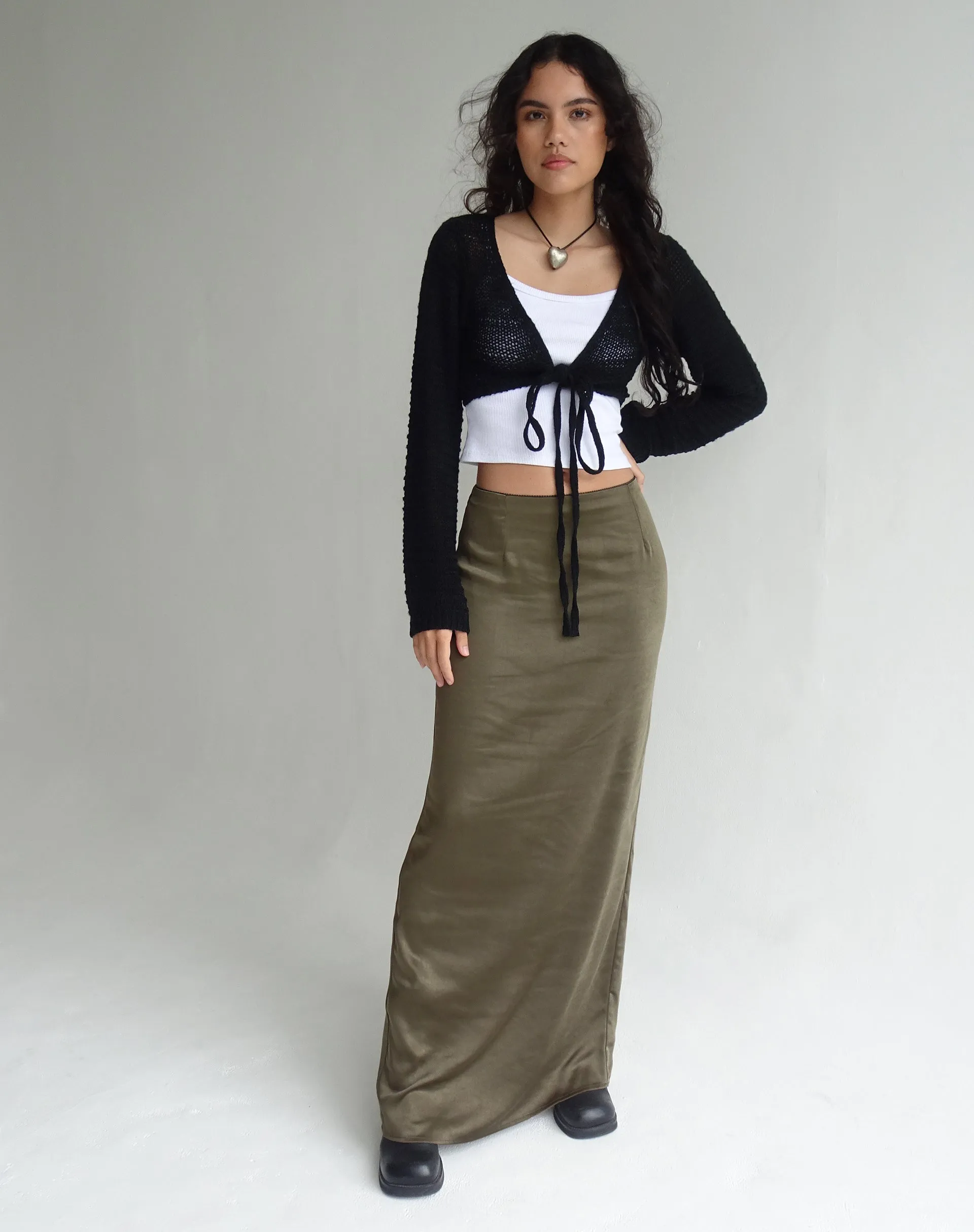 Layla Maxi Skirt in Satin Dark Olive sold by Motel Rocks