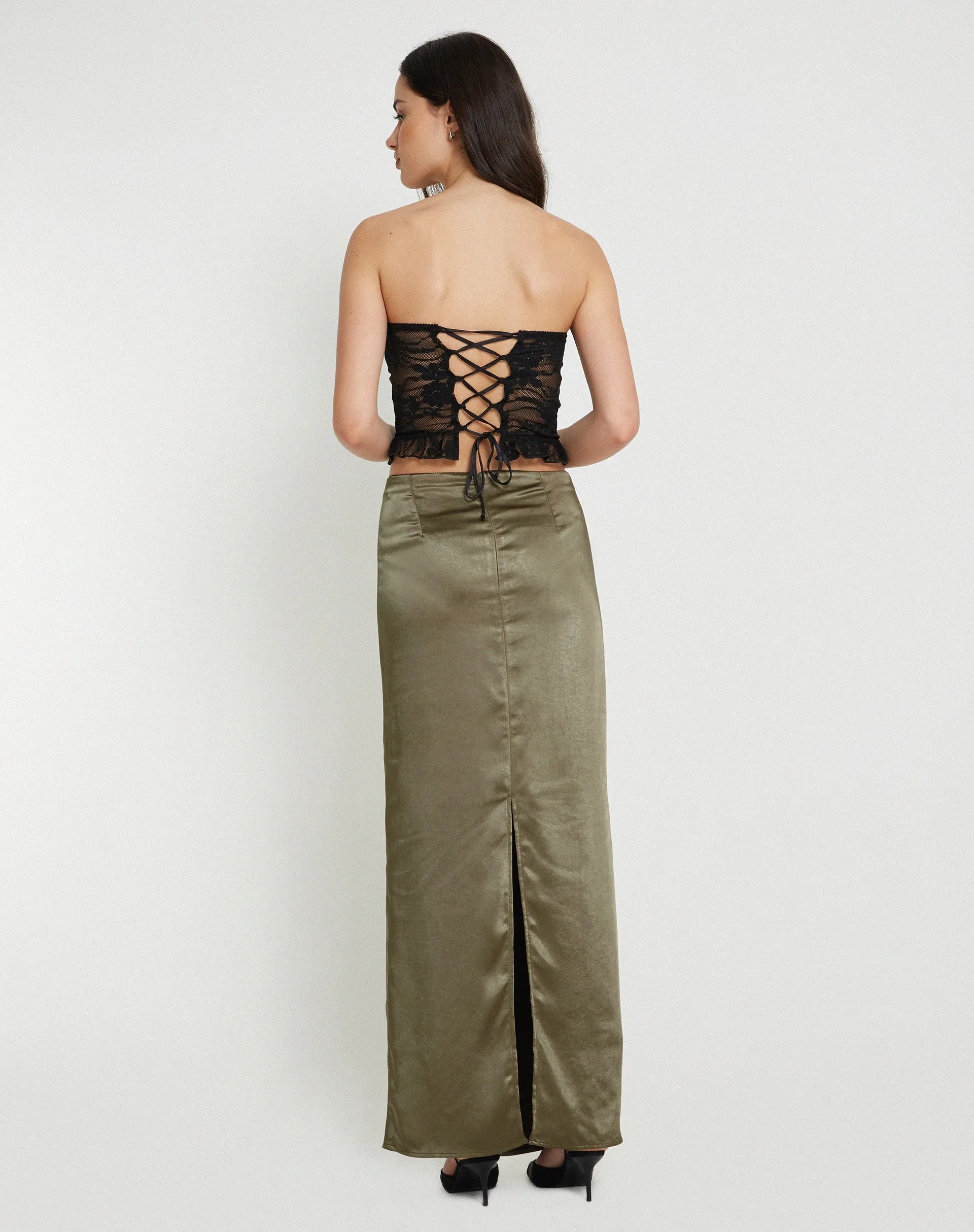 Layla Maxi Skirt in Satin Dark Olive sold by Motel Rocks product image thumbnail 3