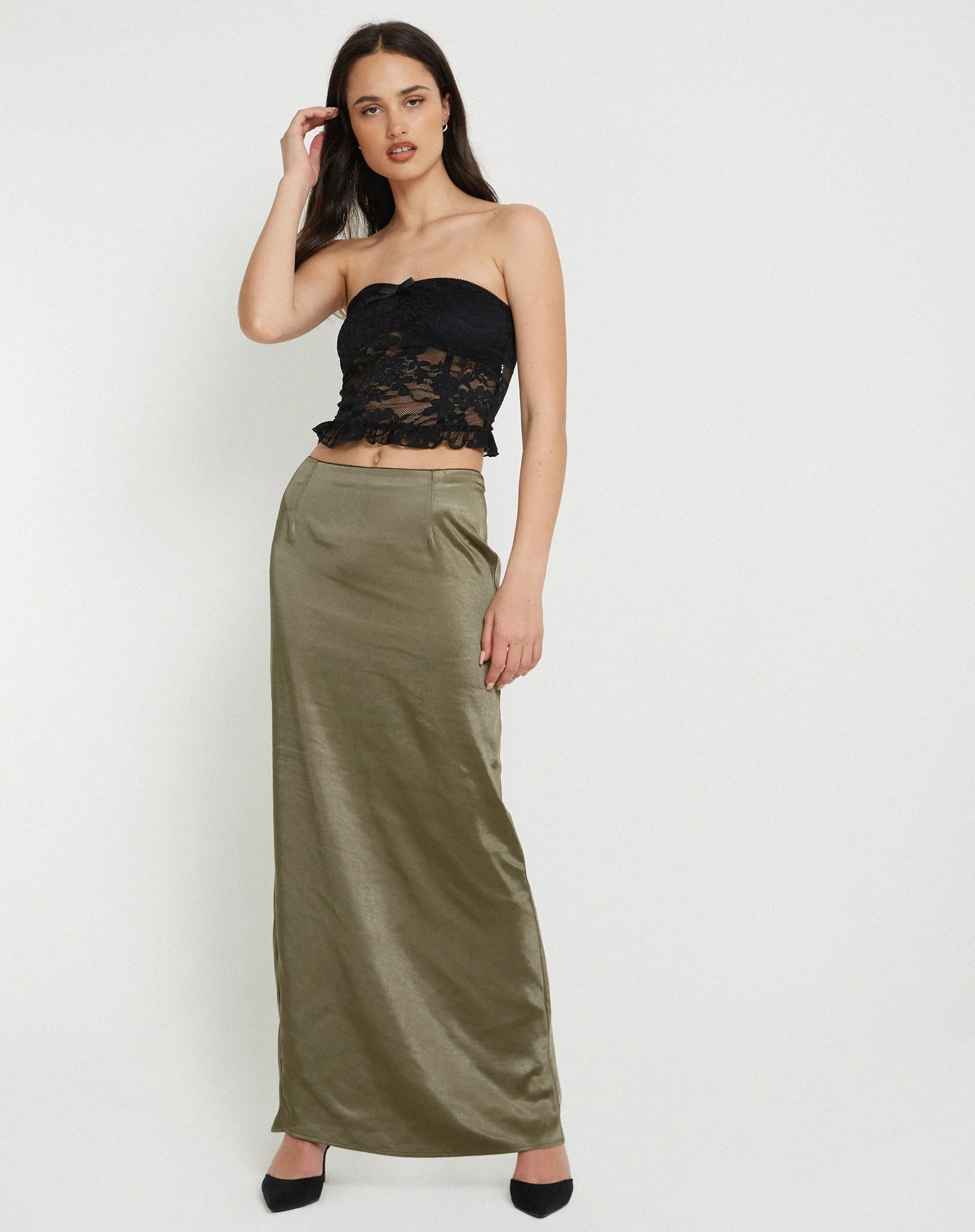 Layla Maxi Skirt in Satin Dark Olive sold by Motel Rocks product image thumbnail 4