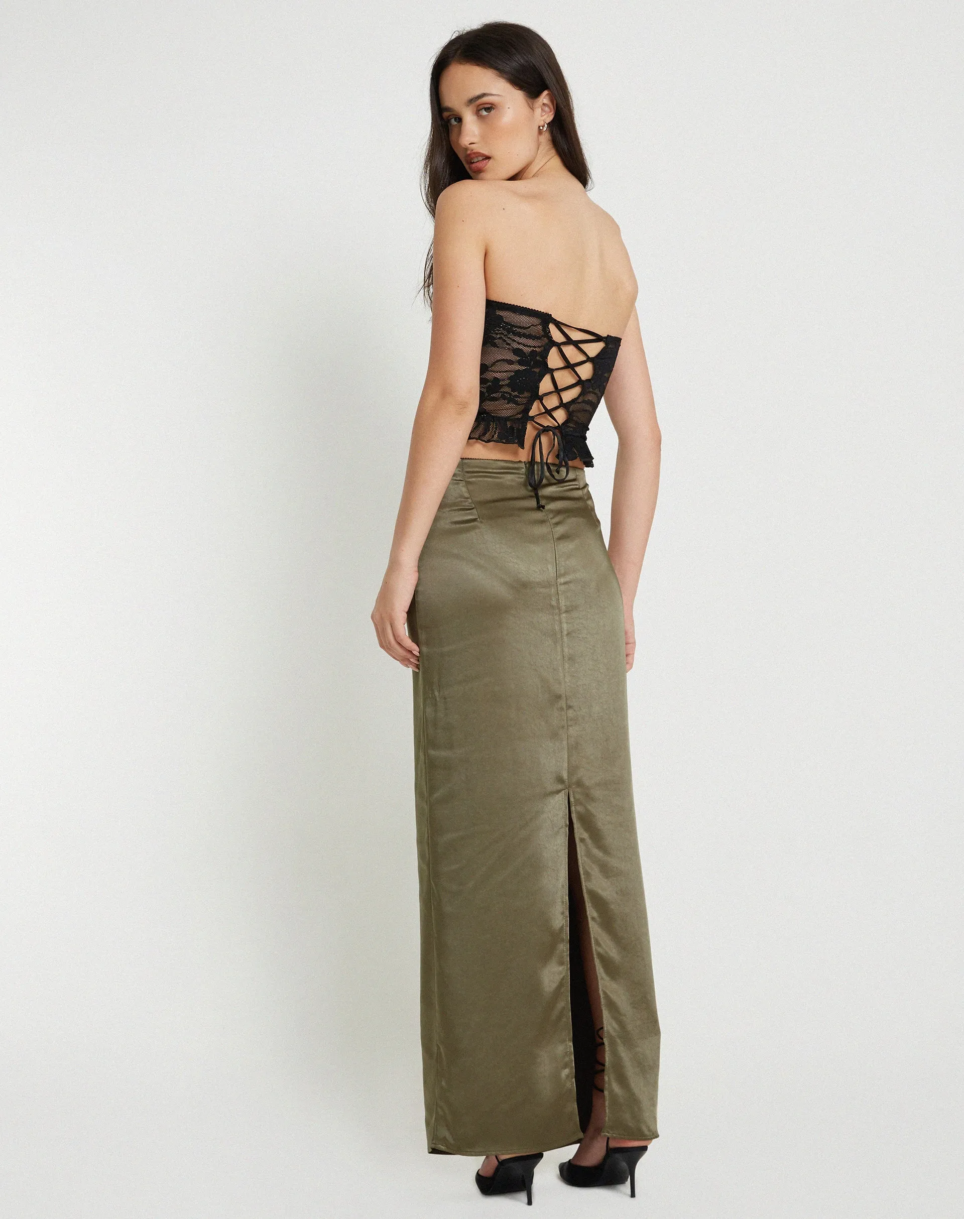 Layla Maxi Skirt in Satin Dark Olive sold by Motel Rocks product image thumbnail 5