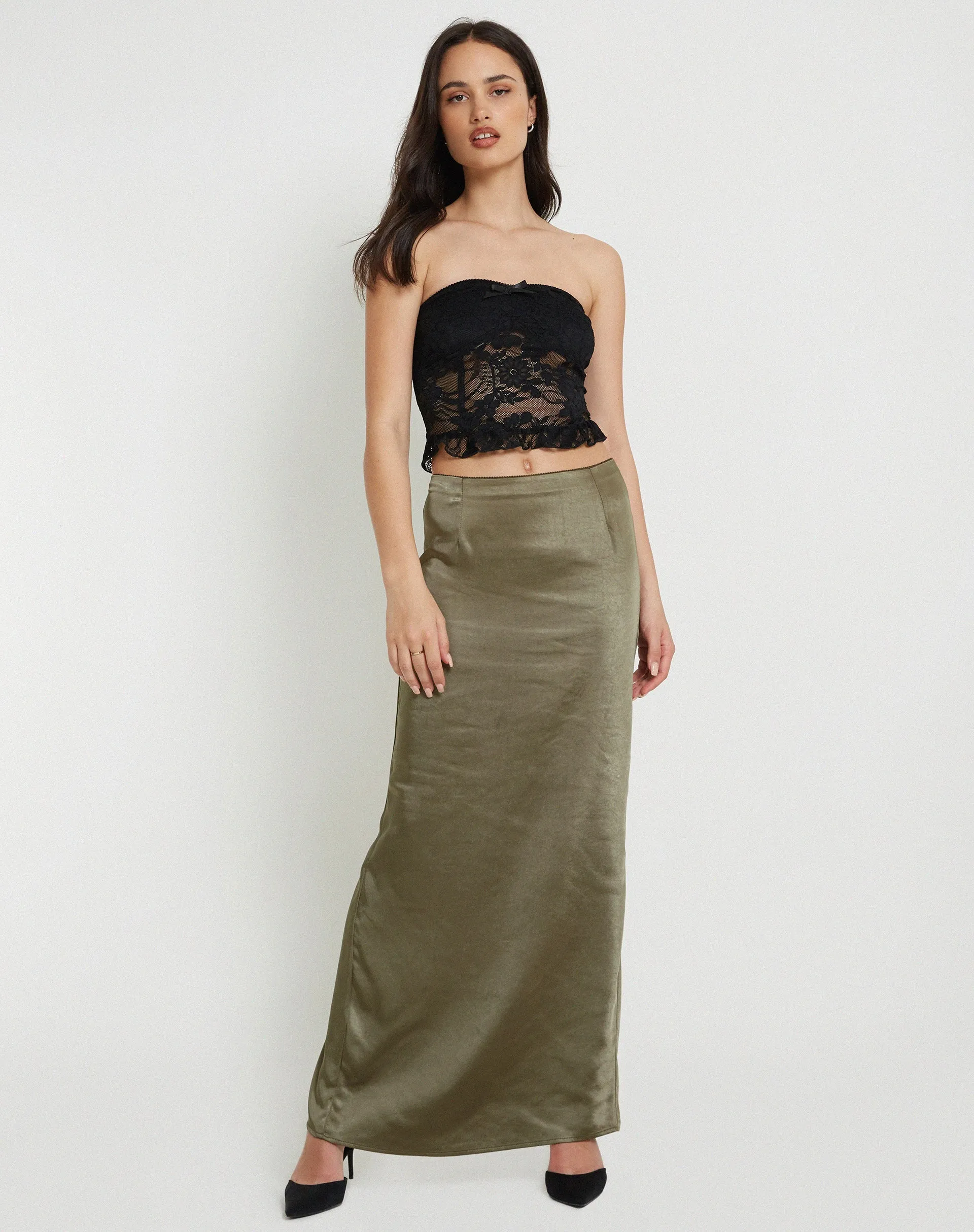 Layla Maxi Skirt in Satin Dark Olive sold by Motel Rocks product image thumbnail 2