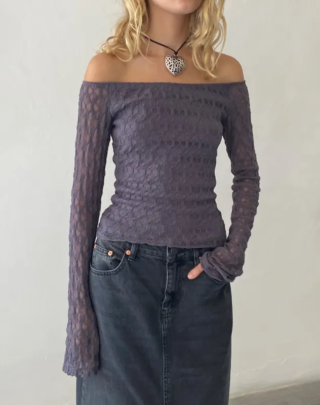 Neira Long Sleeve Bardot Top in Textured Knit Ocean Storm sold by Motel Rocks