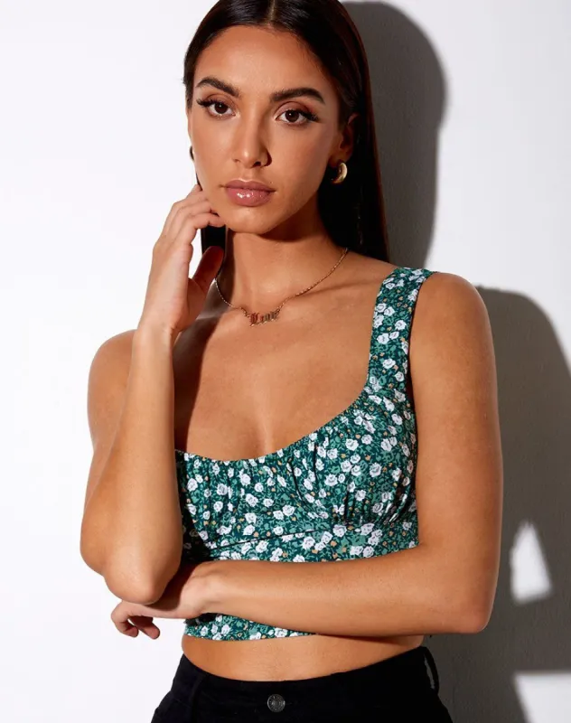 Gladis Vest Crop Top in Floral Field Green sold by Motel Rocks