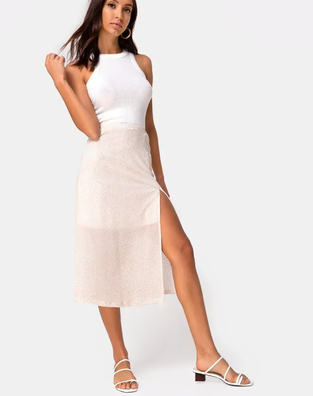 Saika Midi Skirt in Flock Ditsy Leopard Taupe sold by Motel Rocks