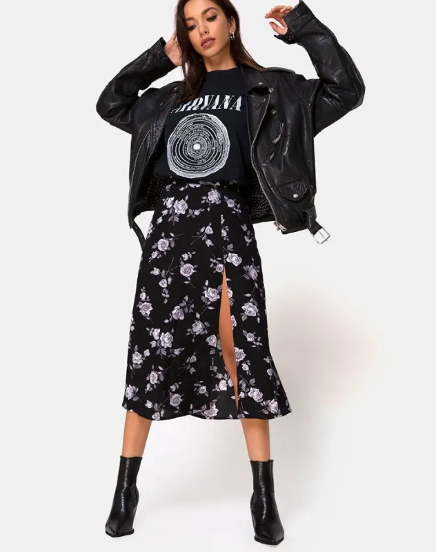 Saika Midi Skirt in White Rose Black sold by Motel Rocks