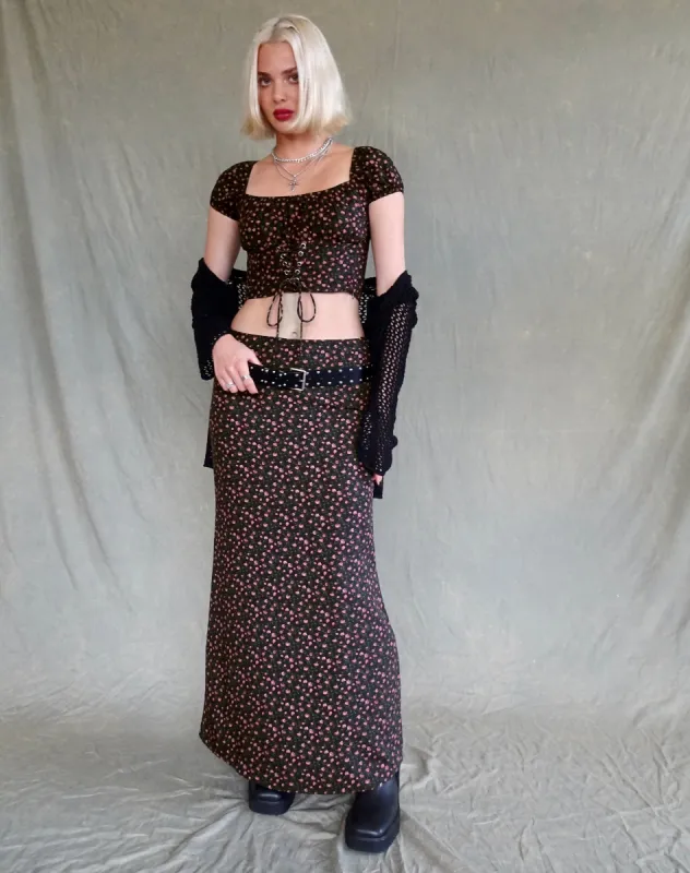Easton Maxi Skirt in Dark Pink Rose Black sold by Motel Rocks
