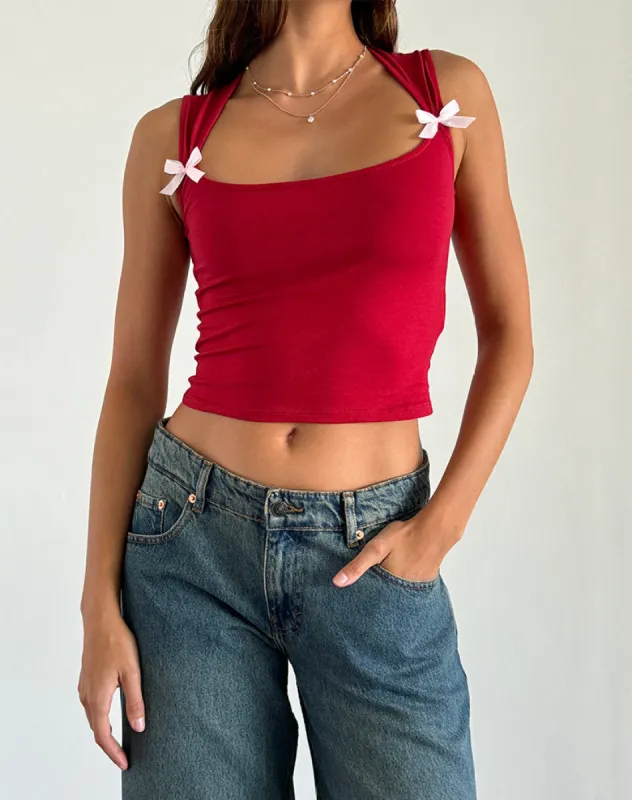 Jiniso Crop Top in Adrenaline Red with Pink Bows sold by Motel Rocks