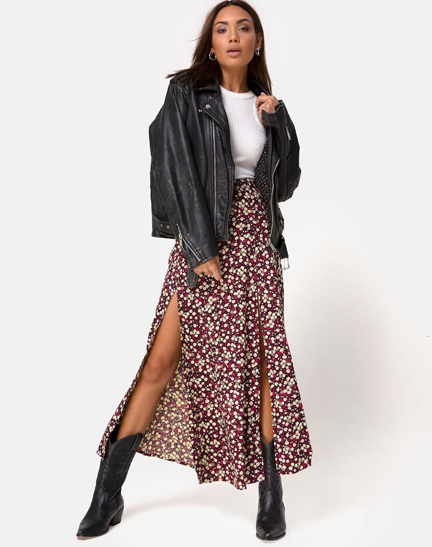 Mica Maxi Skirt in Floral Field Plum sold by Motel Rocks