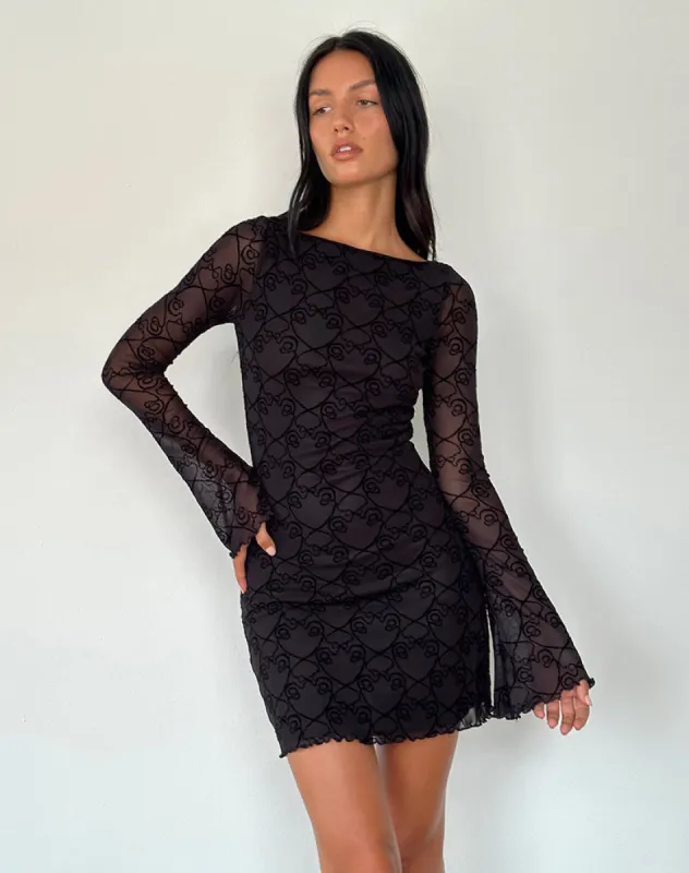 Sevila Long Sleeve Mini Dress in Black Queen of Heart Flock sold by Motel Rocks