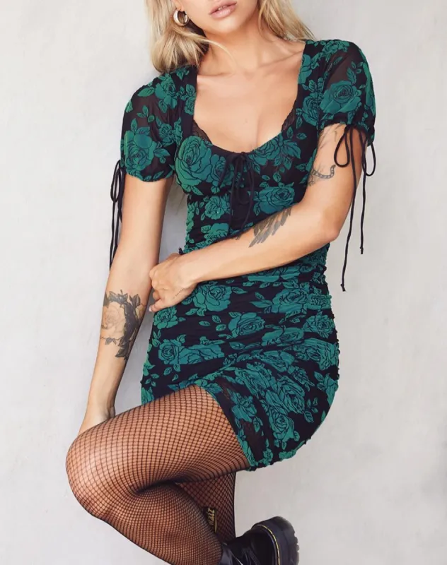 Guenetta Mini Dress in Romantic Rose Flock Teal sold by Motel Rocks