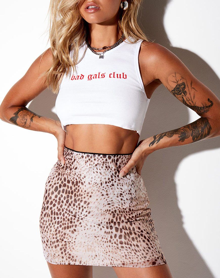Kinnie Mini Skirt in Mesh Sand Leopard sold by Motel Rocks