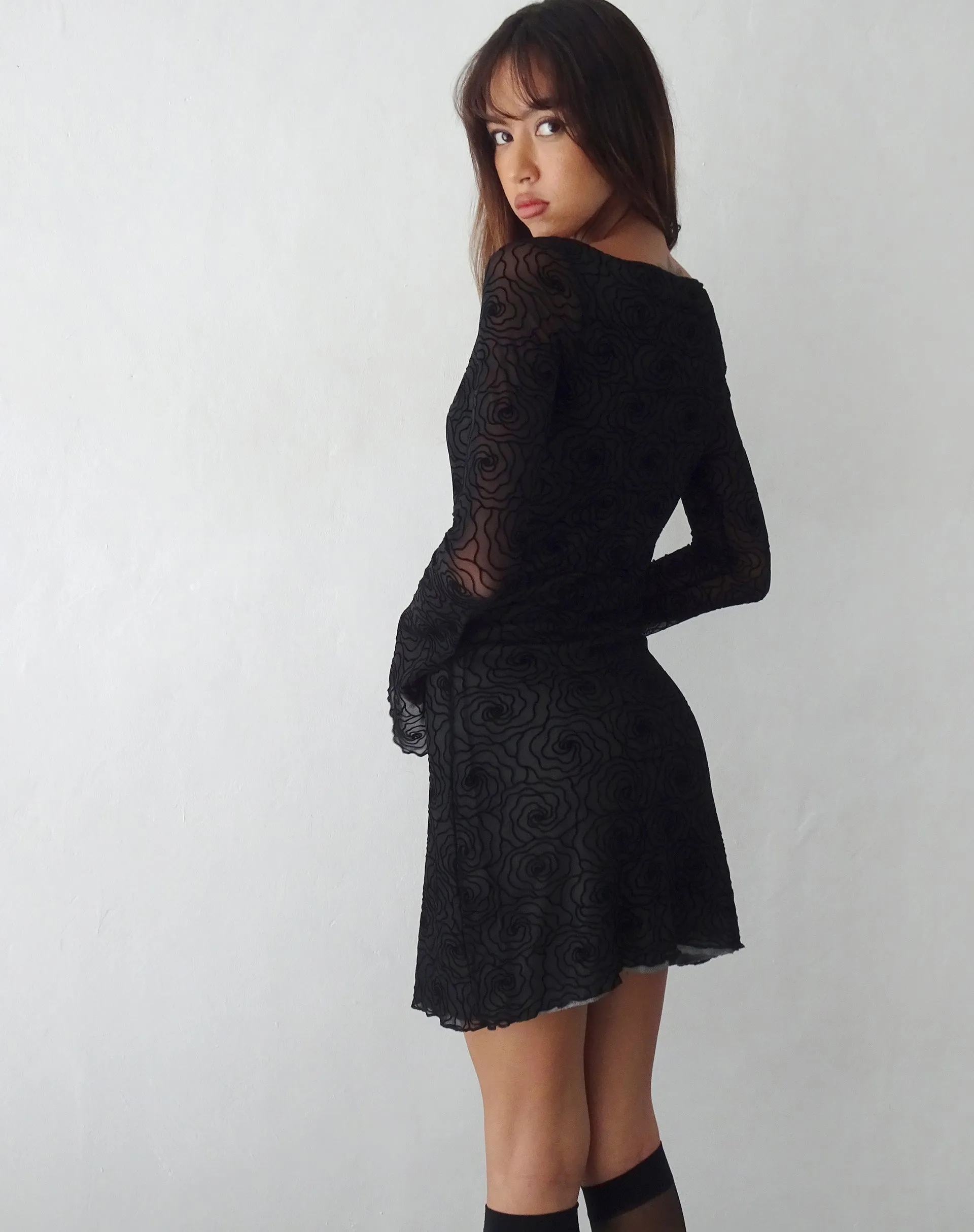 Sevila Long Sleeve Mini Dress in Mesh Black Abstract Flower Flock sold by Motel Rocks product image thumbnail 5
