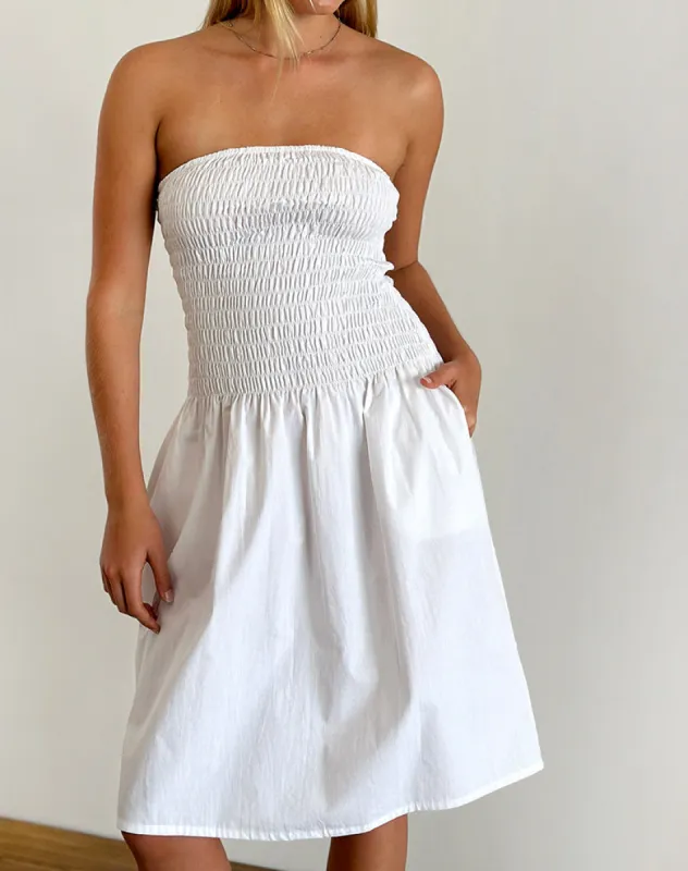 Belesi Bandeau Midi Dress in Poplin White sold by Motel Rocks