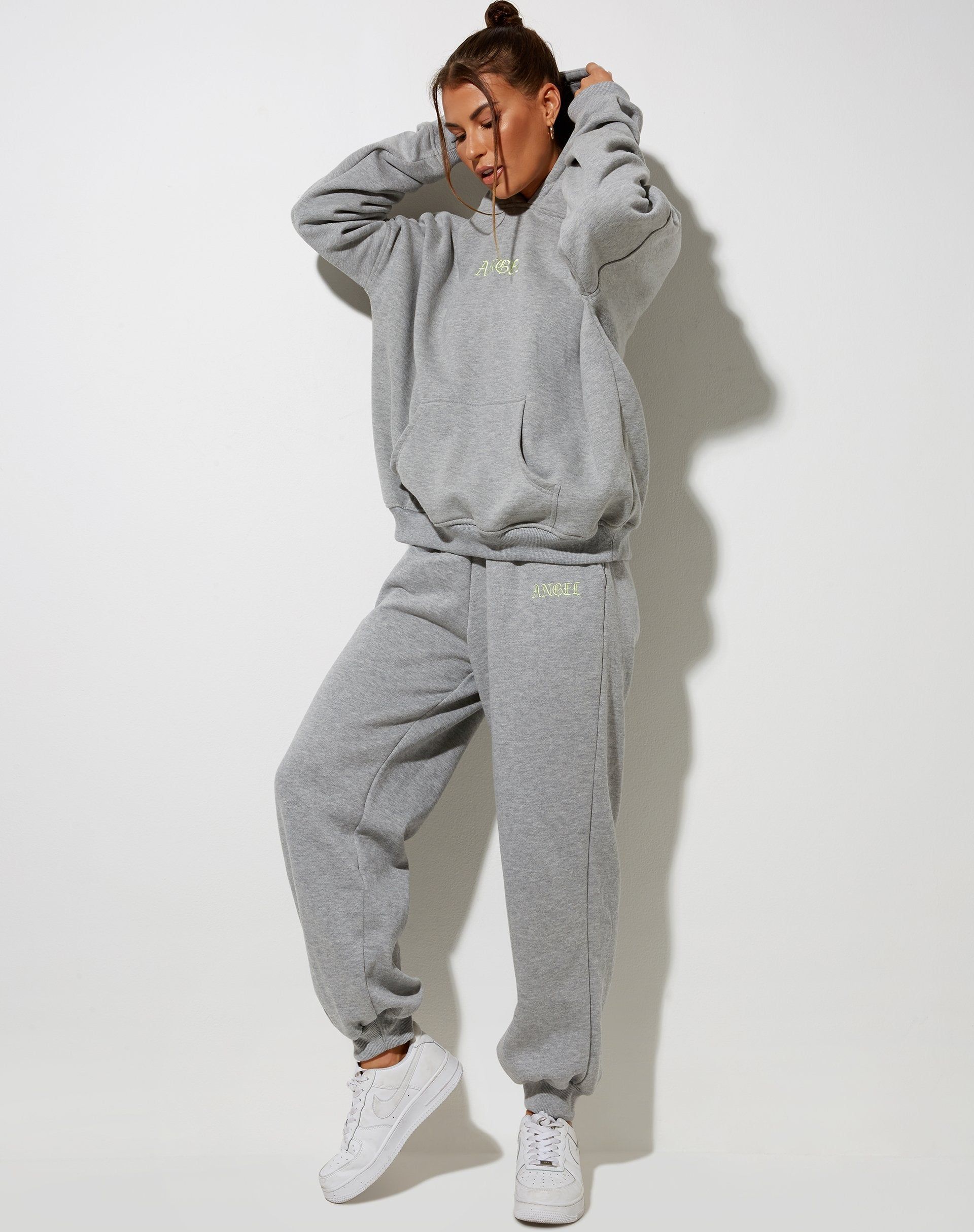 Oversize Hoody in Greymarl with "Angel" Embro in Lemon sold by Motel Rocks product image thumbnail 2