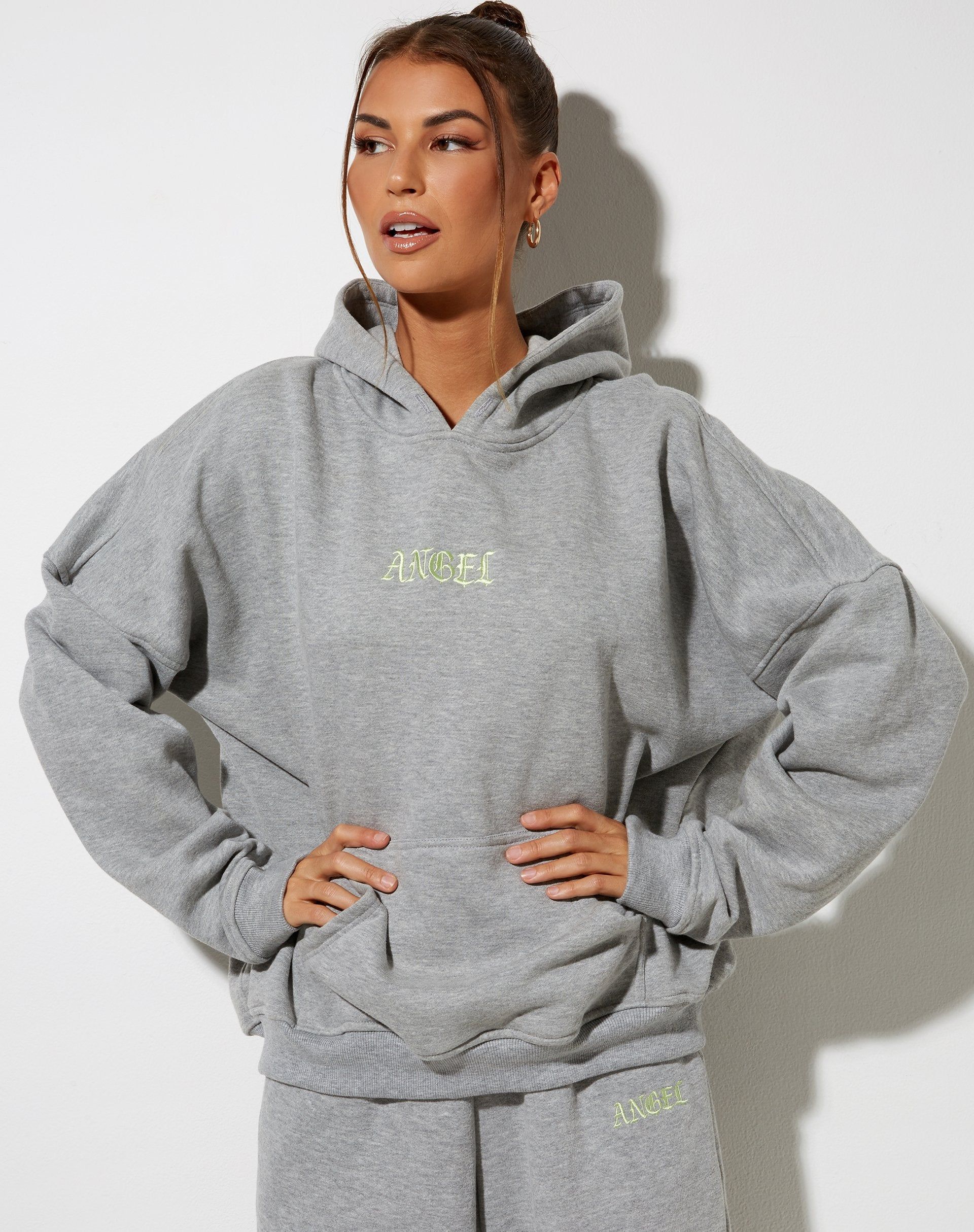 Oversize Hoody in Greymarl with "Angel" Embro in Lemon sold by Motel Rocks