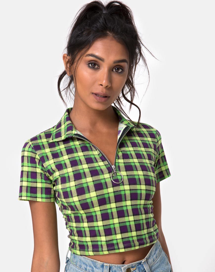 Dhen Crop Top in Green and Purple Check sold by Motel Rocks