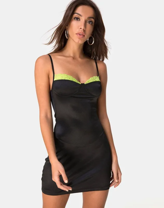 Lesty Bodycon Dress in Black with Lime Lace sold by Motel Rocks
