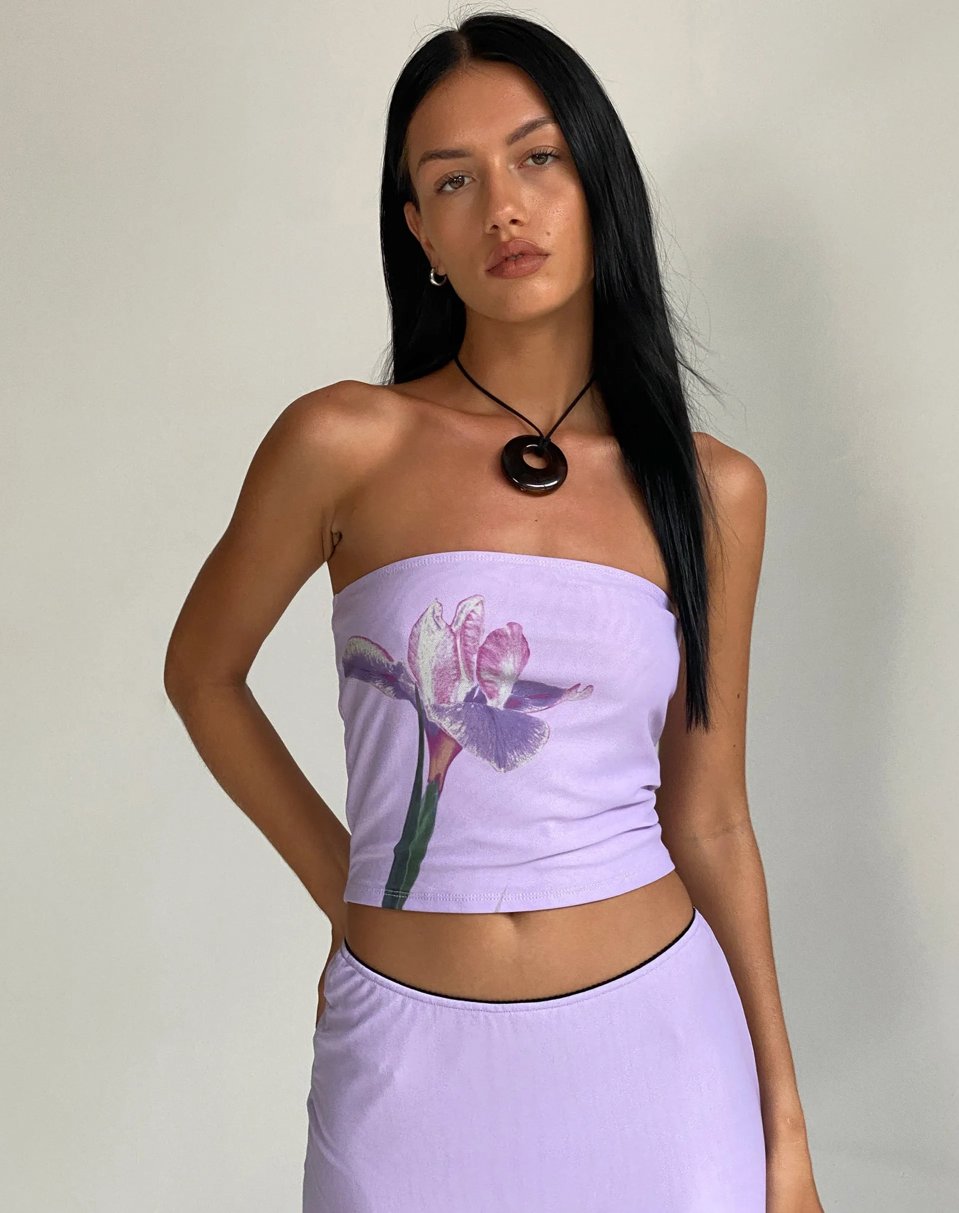 Shae Bandeau Top in Lilac Flower Placement sold by Motel Rocks