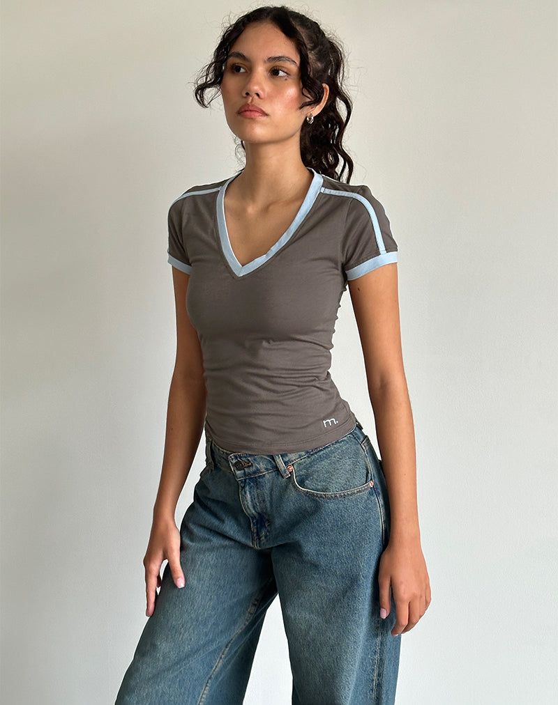 Izolde Baby Tee in Cloudburst with Nantucket Blue Binding and M Embroidery sold by Motel Rocks product image thumbnail 2