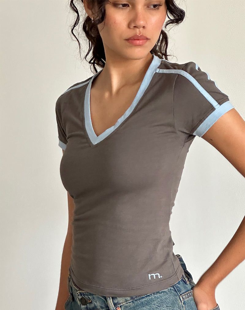 Izolde Baby Tee in Cloudburst with Nantucket Blue Binding and M Embroidery sold by Motel Rocks