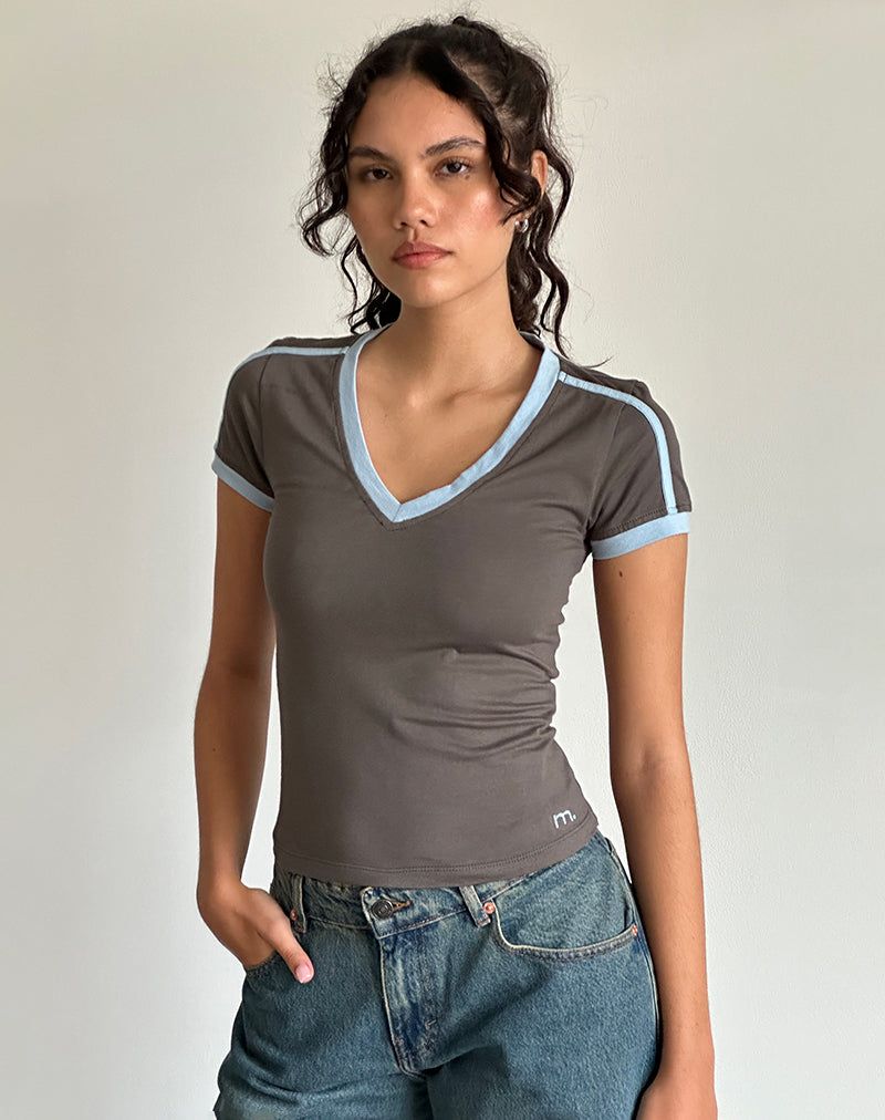 Izolde Baby Tee in Cloudburst with Nantucket Blue Binding and M Embroidery sold by Motel Rocks product image thumbnail 3