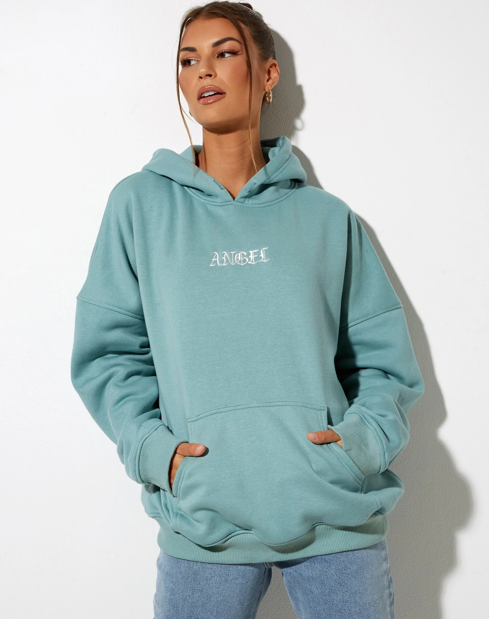 Oversize Hoodie in Seafoam 'Angel' Embro sold by Motel Rocks